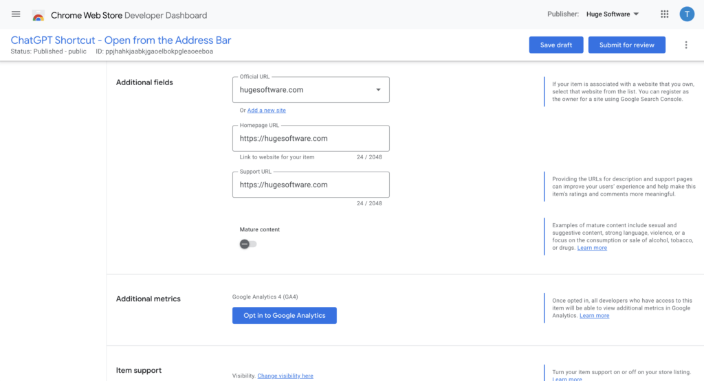 Chrome Web Store developer dashboard showing the website fields used for the backlink